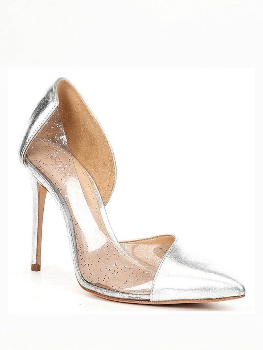 Schutz Chelsie Silver Metallic Leather Clear Vinyl Stiletto Pumps 9